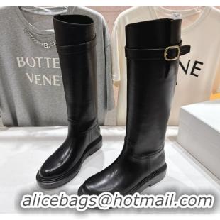 Stylish Celine Universite Flat High Boots in Calfskin Leather with Buckle Black 1024039