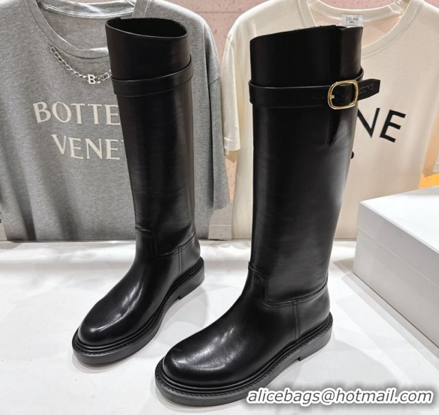 Stylish Celine Universite Flat High Boots in Calfskin Leather with Buckle Black 1024039