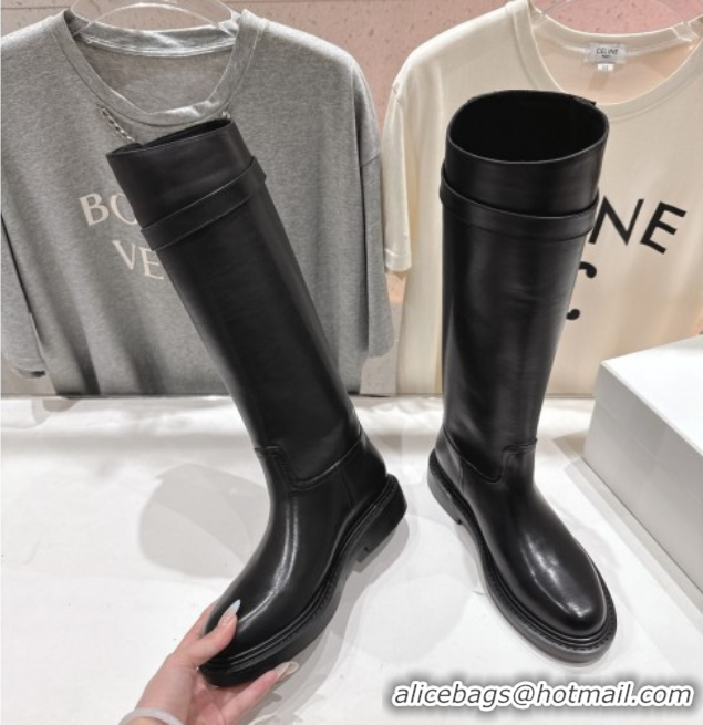 Stylish Celine Universite Flat High Boots in Calfskin Leather with Buckle Black 1024039