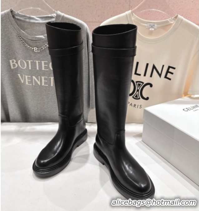 Stylish Celine Universite Flat High Boots in Calfskin Leather with Buckle Black 1024039