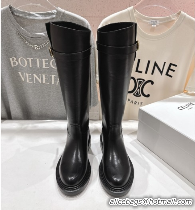 Stylish Celine Universite Flat High Boots in Calfskin Leather with Buckle Black 1024039