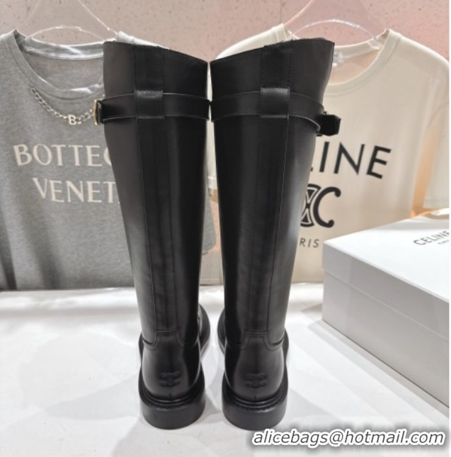 Stylish Celine Universite Flat High Boots in Calfskin Leather with Buckle Black 1024039