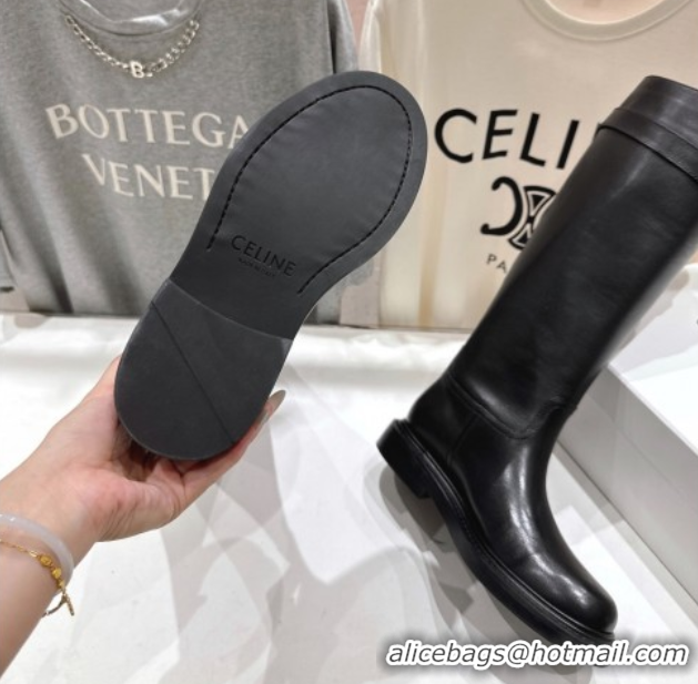Stylish Celine Universite Flat High Boots in Calfskin Leather with Buckle Black 1024039