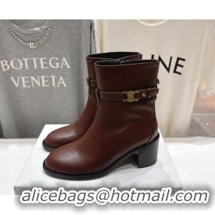Top Grade Celine Garance Heel Ankle Boots 6.5cm in Calfskin Leather with Triomphe Logo Strap Oak Brown 1024040