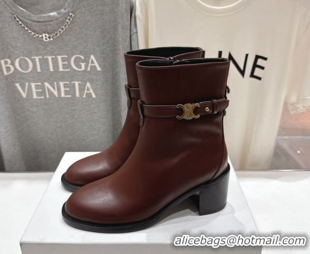 Top Grade Celine Garance Heel Ankle Boots 6.5cm in Calfskin Leather with Triomphe Logo Strap Oak Brown 1024040