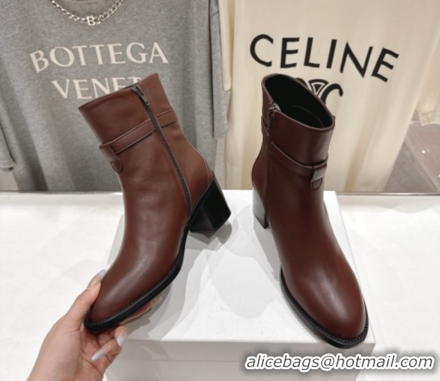 Top Grade Celine Garance Heel Ankle Boots 6.5cm in Calfskin Leather with Triomphe Logo Strap Oak Brown 1024040