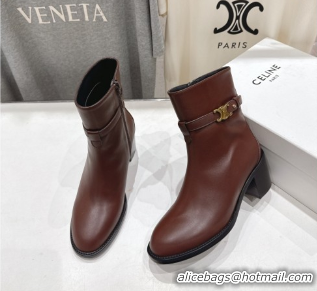 Top Grade Celine Garance Heel Ankle Boots 6.5cm in Calfskin Leather with Triomphe Logo Strap Oak Brown 1024040