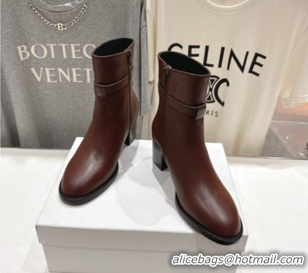 Top Grade Celine Garance Heel Ankle Boots 6.5cm in Calfskin Leather with Triomphe Logo Strap Oak Brown 1024040