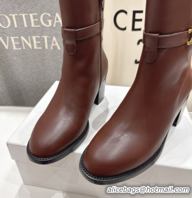 Top Grade Celine Garance Heel Ankle Boots 6.5cm in Calfskin Leather with Triomphe Logo Strap Oak Brown 1024040