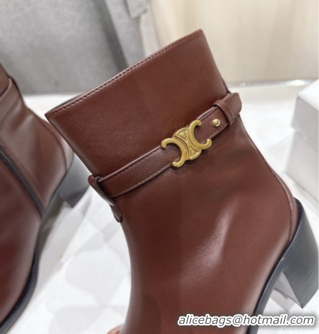 Top Grade Celine Garance Heel Ankle Boots 6.5cm in Calfskin Leather with Triomphe Logo Strap Oak Brown 1024040
