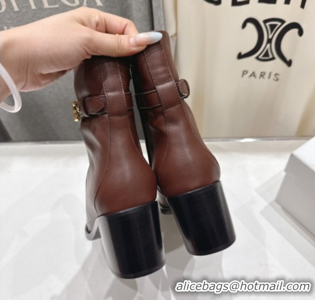 Top Grade Celine Garance Heel Ankle Boots 6.5cm in Calfskin Leather with Triomphe Logo Strap Oak Brown 1024040