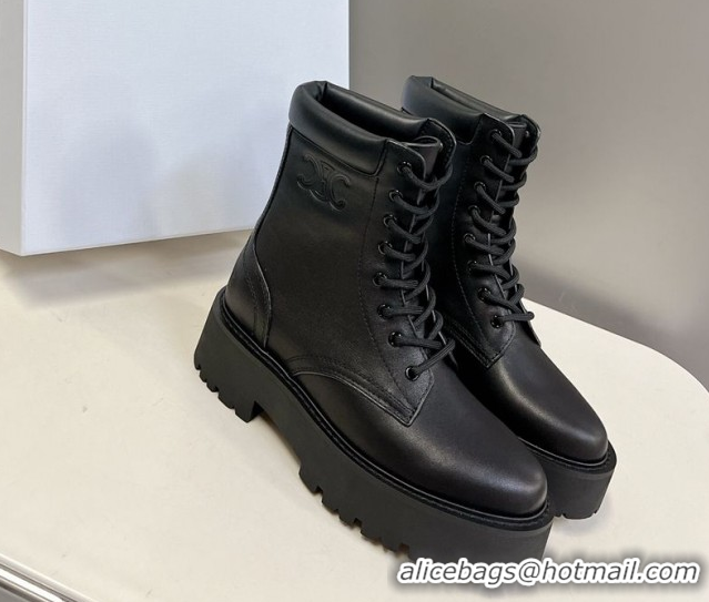 Duplicate Celine Laced-up Platform Ankle Boots 5cm in Calfskin Leather Black 2025 CE102402 1024042