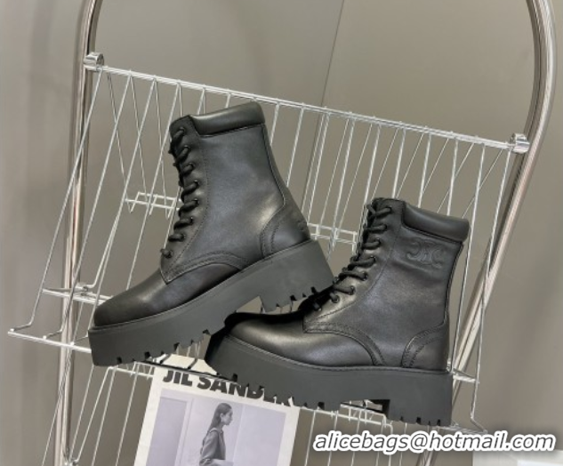 Duplicate Celine Laced-up Platform Ankle Boots 5cm in Calfskin Leather Black 2025 CE102402 1024042
