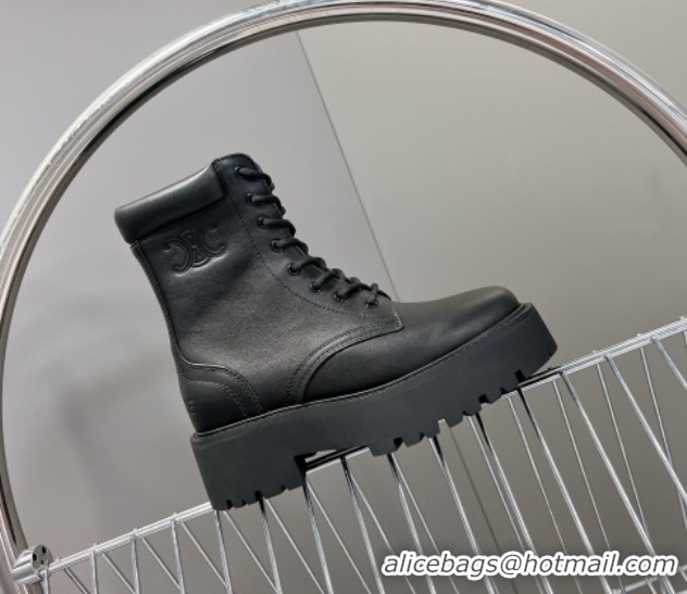 Duplicate Celine Laced-up Platform Ankle Boots 5cm in Calfskin Leather Black 2025 CE102402 1024042