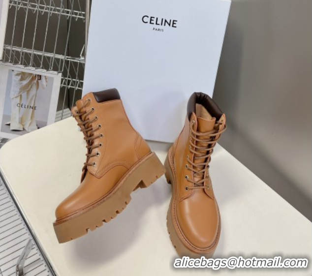 Charming Celine Laced-up Platform Ankle Boots 5cm in Calfskin Leather Brown 2025 CE102402 1024043