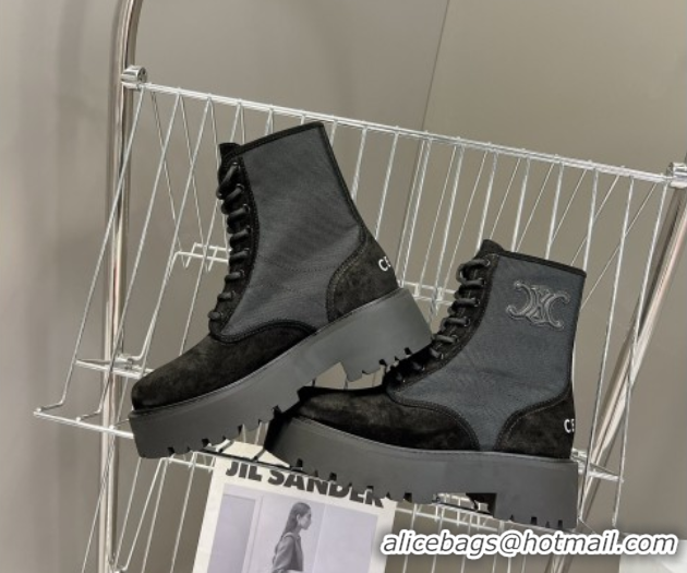 Trendy Design Celine Laced-up Platform Ankle Boots 5cm in Canvas and Calfskin Black 2025 CE102402 1024045