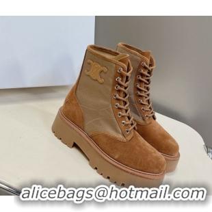 Sumptuous Celine Laced-up Platform Ankle Boots 5cm in Canvas and Calfskin Brown 2025 CE102402 1024046