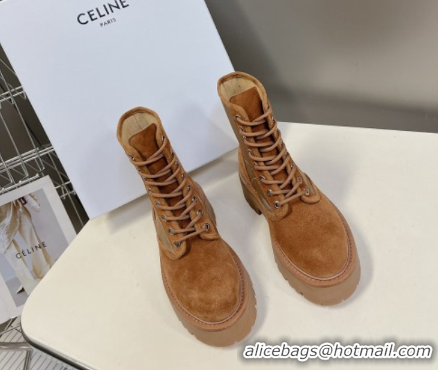 Sumptuous Celine Laced-up Platform Ankle Boots 5cm in Canvas and Calfskin Brown 2025 CE102402 1024046