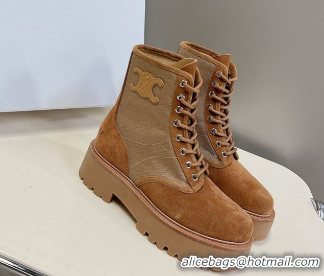 Sumptuous Celine Laced-up Platform Ankle Boots 5cm in Canvas and Calfskin Brown 2025 CE102402 1024046