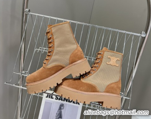 Sumptuous Celine Laced-up Platform Ankle Boots 5cm in Canvas and Calfskin Brown 2025 CE102402 1024046