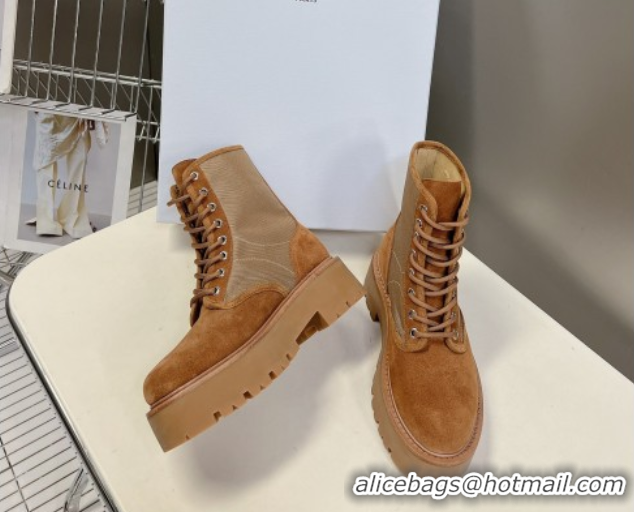 Sumptuous Celine Laced-up Platform Ankle Boots 5cm in Canvas and Calfskin Brown 2025 CE102402 1024046