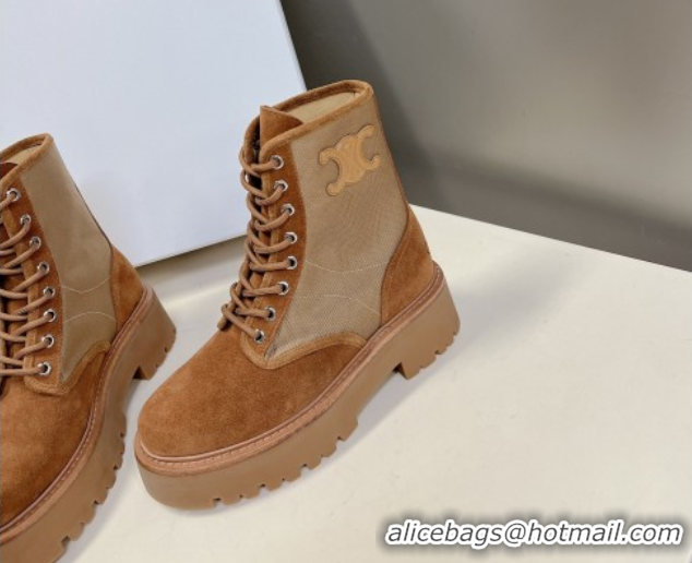 Sumptuous Celine Laced-up Platform Ankle Boots 5cm in Canvas and Calfskin Brown 2025 CE102402 1024046