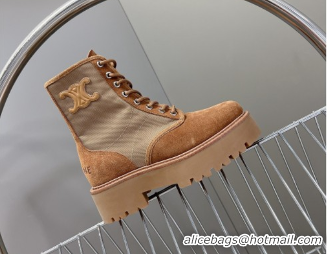 Sumptuous Celine Laced-up Platform Ankle Boots 5cm in Canvas and Calfskin Brown 2025 CE102402 1024046
