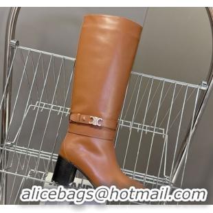 Good Quality Celine Garance Heel High Boots 6cm in Calfskin Leather with Triomphe Logo Strap Brown 1024048