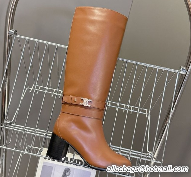 Good Quality Celine Garance Heel High Boots 6cm in Calfskin Leather with Triomphe Logo Strap Brown 1024048