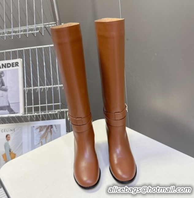 Good Quality Celine Garance Heel High Boots 6cm in Calfskin Leather with Triomphe Logo Strap Brown 1024048
