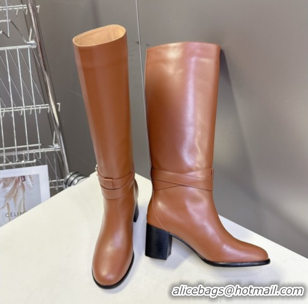Good Quality Celine Garance Heel High Boots 6cm in Calfskin Leather with Triomphe Logo Strap Brown 1024048