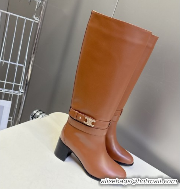 Good Quality Celine Garance Heel High Boots 6cm in Calfskin Leather with Triomphe Logo Strap Brown 1024048