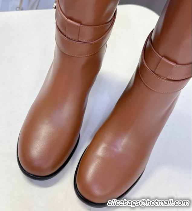 Good Quality Celine Garance Heel High Boots 6cm in Calfskin Leather with Triomphe Logo Strap Brown 1024048