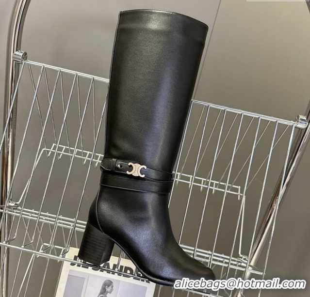 Top Design Celine Garance Heel High Boots 6cm in Calfskin Leather with Triomphe Logo Strap Black 1024049