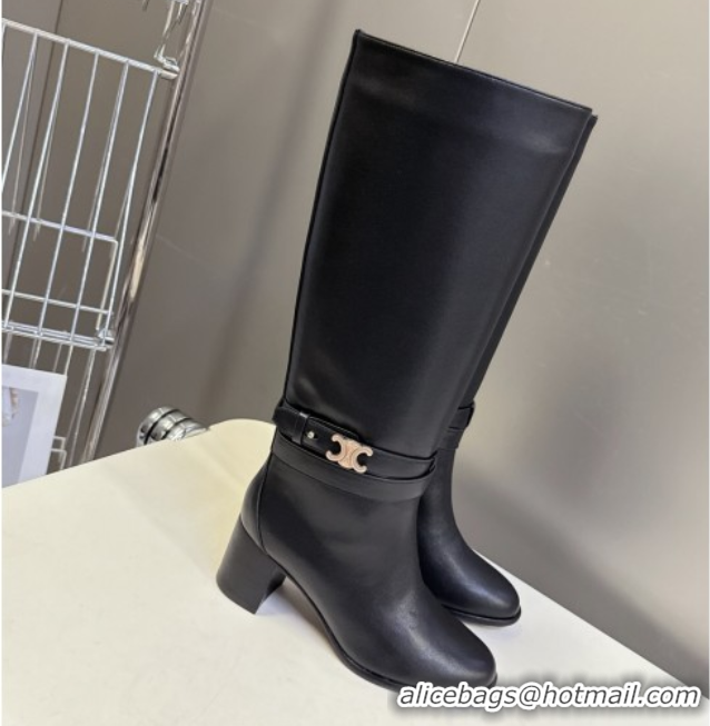 Top Design Celine Garance Heel High Boots 6cm in Calfskin Leather with Triomphe Logo Strap Black 1024049
