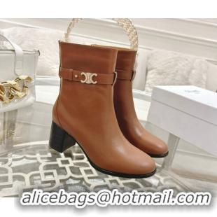 Hot Style Celine Garance Heel Ankle Boots 6cm in Calfskin Leather with Triomphe Logo Strap Tan Brown 1024050