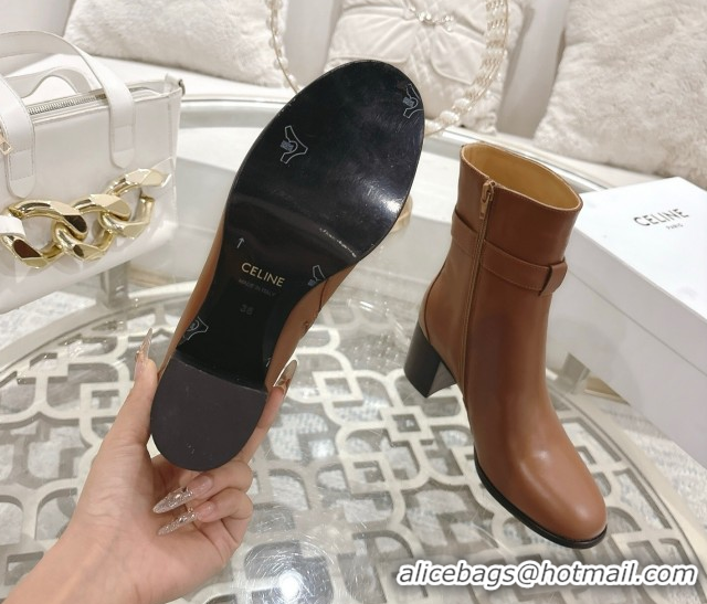 Hot Style Celine Garance Heel Ankle Boots 6cm in Calfskin Leather with Triomphe Logo Strap Tan Brown 1024050