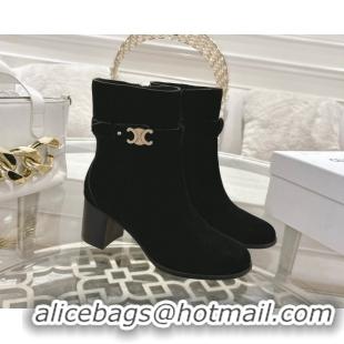 Shop Duplicate Celine Garance Heel Ankle Boots 6cm in Suede with Triomphe Logo Strap Black 1024051