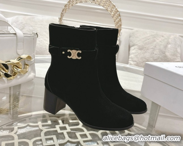 Shop Duplicate Celine Garance Heel Ankle Boots 6cm in Suede with Triomphe Logo Strap Black 1024051