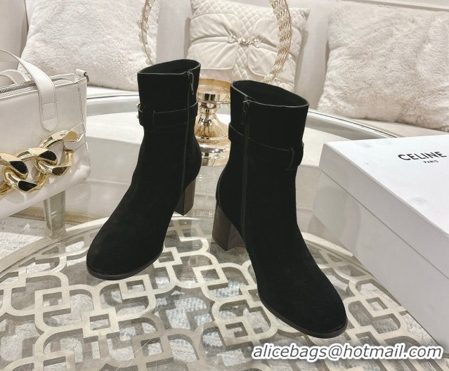 Shop Duplicate Celine Garance Heel Ankle Boots 6cm in Suede with Triomphe Logo Strap Black 1024051