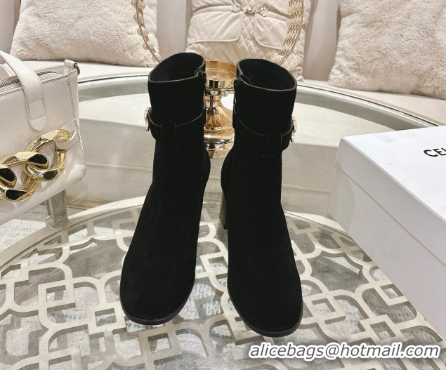 Shop Duplicate Celine Garance Heel Ankle Boots 6cm in Suede with Triomphe Logo Strap Black 1024051