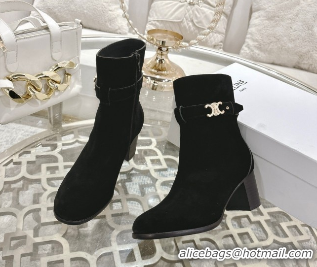 Shop Duplicate Celine Garance Heel Ankle Boots 6cm in Suede with Triomphe Logo Strap Black 1024051