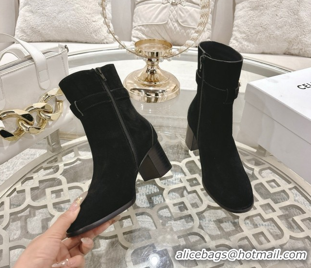 Shop Duplicate Celine Garance Heel Ankle Boots 6cm in Suede with Triomphe Logo Strap Black 1024051