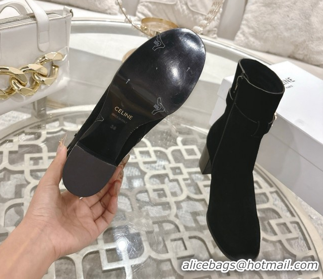 Shop Duplicate Celine Garance Heel Ankle Boots 6cm in Suede with Triomphe Logo Strap Black 1024051