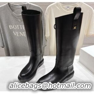 Cheap Price Celine Flat High Boots in Waxed Calfskin Leather with Triomphe Logo Strap Black 2025 CE102403 1024052