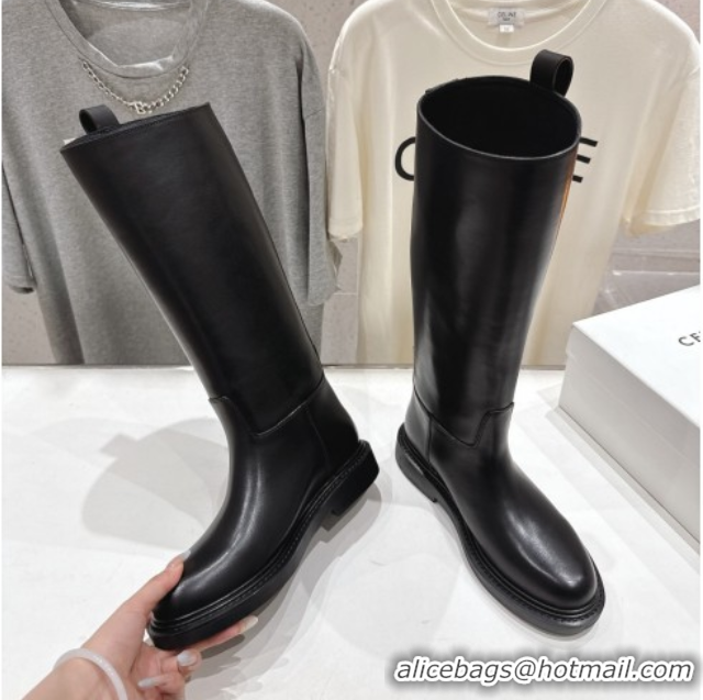 Cheap Price Celine Flat High Boots in Waxed Calfskin Leather with Triomphe Logo Strap Black 2025 CE102403 1024052