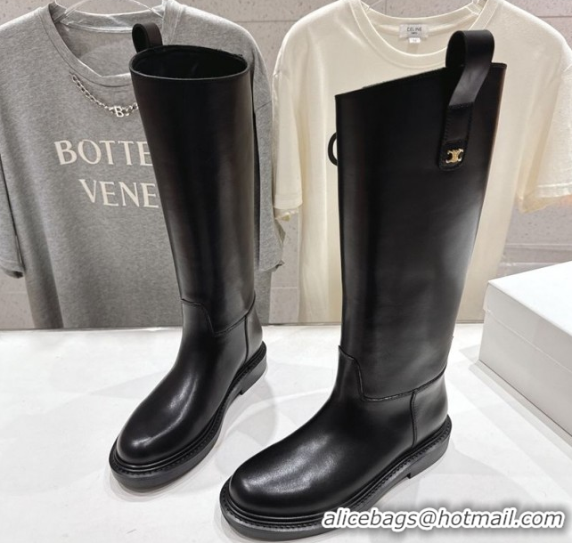 Cheap Price Celine Flat High Boots in Waxed Calfskin Leather with Triomphe Logo Strap Black 2025 CE102403 1024052