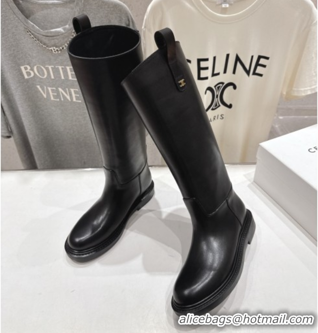 Cheap Price Celine Flat High Boots in Waxed Calfskin Leather with Triomphe Logo Strap Black 2025 CE102403 1024052