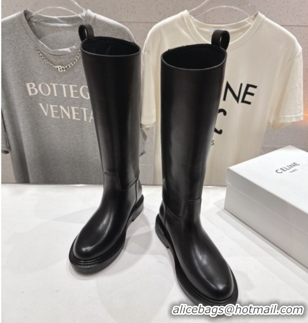 Cheap Price Celine Flat High Boots in Waxed Calfskin Leather with Triomphe Logo Strap Black 2025 CE102403 1024052