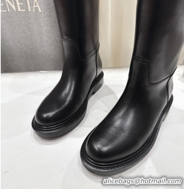 Cheap Price Celine Flat High Boots in Waxed Calfskin Leather with Triomphe Logo Strap Black 2025 CE102403 1024052